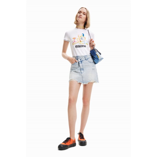 Mini-jupe jean ceinture croisée