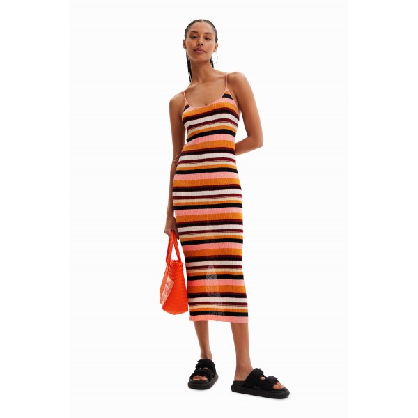 Robe midi tissu côtelé rayures